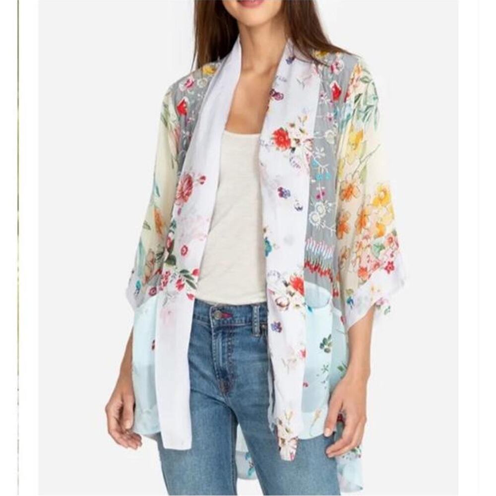 Johnny was pastel floral embroidered silk duster kimono.
